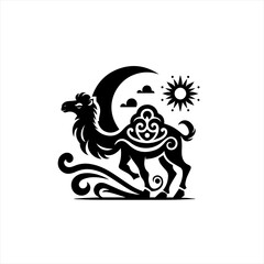 Stylized black camel silhouette under crescent moon and sun