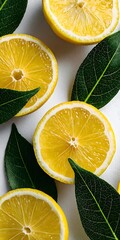Top down view of fresh lemon slices and green leaves arranged on a bright white textured surface background.