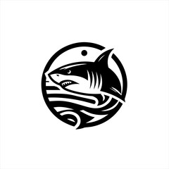 Stylized black and white shark emblem with waves and sun