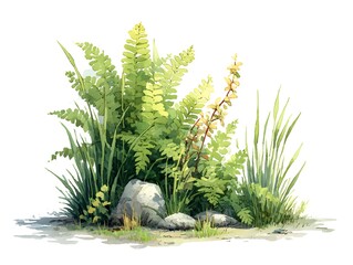 Ferns and other assorted grasses surround grey stones in an elegant watercolor botanical illustration.