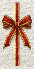 Hand drawn vintage style red and gold ribbon bow on textured paper creates festive feeling.