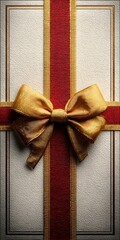 A beautifully wrapped gift with a textured white box, tied with a red and gold ribbon and matching bow.