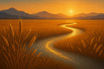 Fototapeta premium Endless Golden Wheat Field with Luminous River