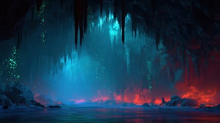 Obraz premium Mystical Cavern: An ethereal cave scene, illuminated by vibrant blues and fiery reds, unveils a magical underwater realm.