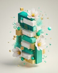 Abstract Teal and Gold Geometric Composition with White Flowers