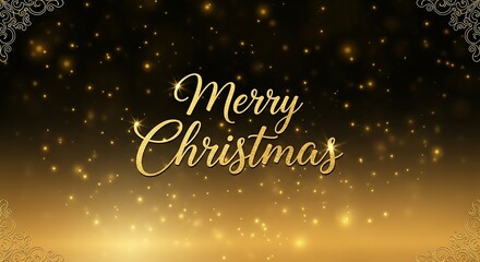 Elegant gold merry christmas text sparkles against a dark backdrop, surrounded by shimmering golden glitter and bokeh lights for holiday cheer