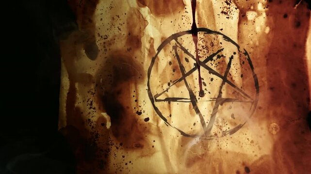 Drops of Blood are Flowing on Pentagram Symbol Five Stars on Old Parchment
