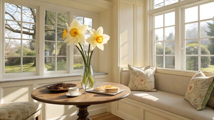 Breakfast table with daffodils near window seat in bright sunroom
