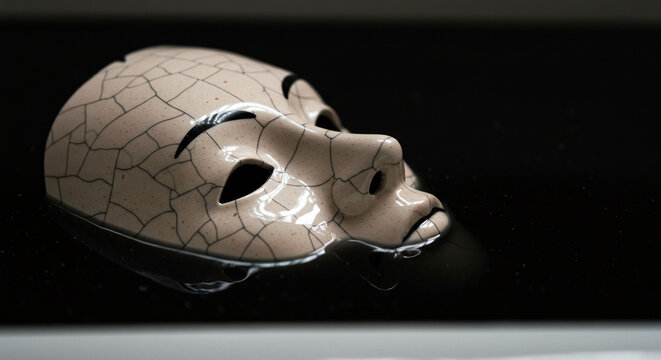 Cracked mask drama tragedy face expression art theatrical performance masquerade disguise anonymity identity