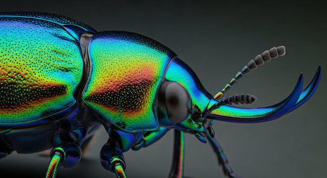 Extreme close-up of a jewel beetle's iridescent exoskeleton, showcasing vibrant metallic colors and intricate details of its head and antennae.