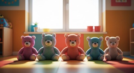 Row of teddy bears in a bright, colorful children's room