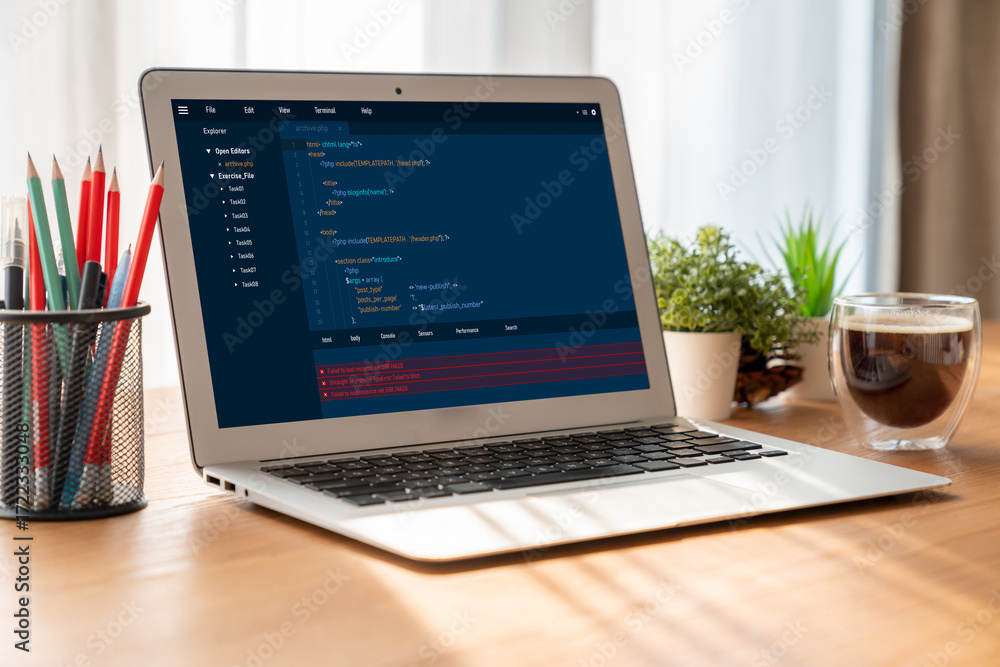 Poster software development programming on computer screen for modish application and program coding