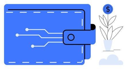 Blue wallet with circuit design and clasp, next to a growing plant with a coin symbol. Ideal for finance, savings, technology, investment, banking, fintech budgeting. A simple flat metaphor