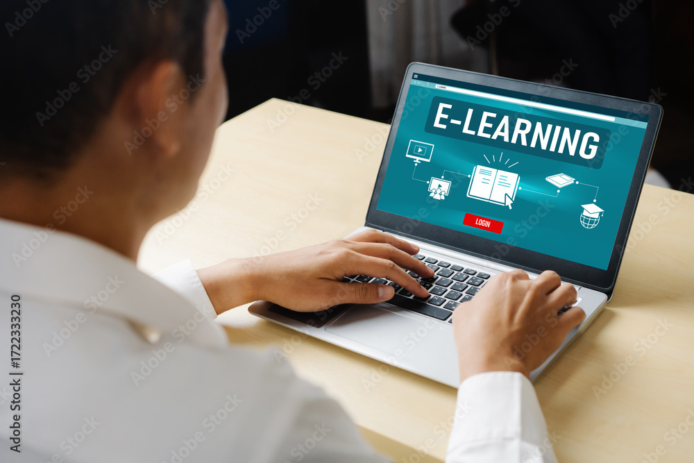 Poster e-learning website with modish sofware for student to study online on the internet network