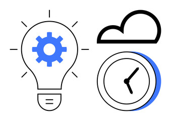 Light bulb with gear icon, clock, and cloud representing innovation, time management, and technology. Ideal for teamwork, planning, productivity technology creativity business efficiency. Simple