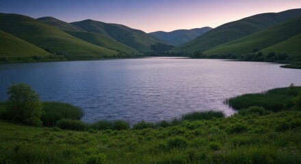 Obraz premium Serene mountain lake at twilight. Lush green hills surround a calm body of water