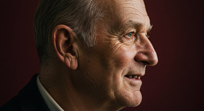 Portrait of senior man profile face aging wrinkles gray hair mature adult elderly person thoughtful expression - Powered by Adobe