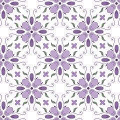 Ornamental Seamless Floral Pattern with Purple and Lavender Petals on White Background – Elegant Botanical Design with Green and Decorative Leaves for Vintage Themed Textiles, Wallpaper and Decor