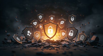 Cyber defense shields tech security background 03