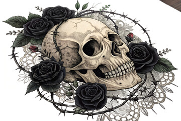 A grunge style human skull with black roses barded wire , vector art, illustration art 