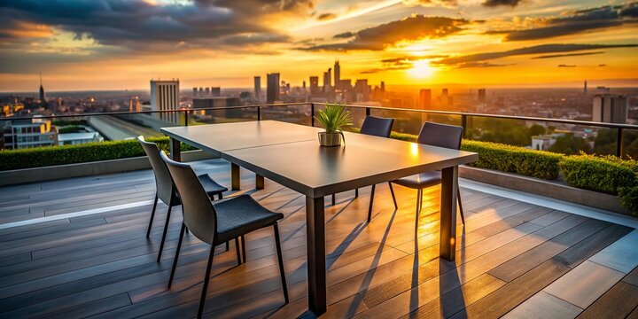 Modern Rooftop Terrace Sunset - Minimalist Dark Grey HPL Dining Table
