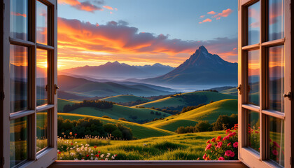 Fototapeta premium Surreal Sunset Landscape Through Open