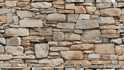 Obraz premium Rustic stone wall creates a warm, inviting atmosphere with natural textures and neutral colors perfect for backgrounds, architecture, or design elements