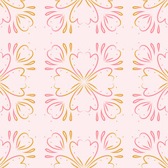 Seamless Floral Pattern with Stylish Pink and Golden Petals on a Pink Background – Elegant Symmetrical Botanical Design for Spring-Themed Textiles, Stationery, and Decor