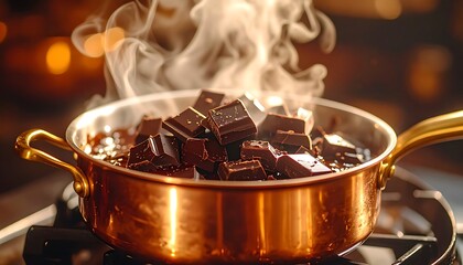 Copper pan melting dark chocolate chunks for baking recipes, food blogs, culinary design, dessert illustration, and cooking tutorials.