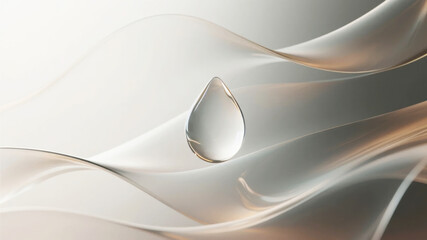 A single water droplet resting on a flowing, abstract surface with soft curves and light reflections