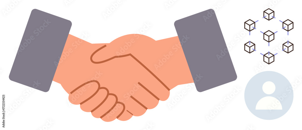Aufkleber handshake signifying partnership or agreement, surrounded by blockchain cubes and user profile icon.