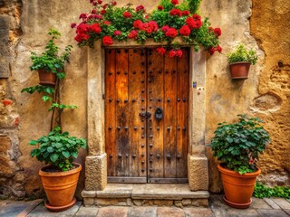 Weathered Wooden Door, Spanish Village, Geraniums, Ironwork, High Depth of Field Stock Photo