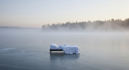 Dreamscape bed on frozen lake winter scene serene sleep surreal landscape nature photography art concept