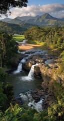 Lush tropical landscape with cascading waterfalls.