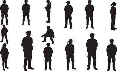 Collection of police officer silhouettes. male and female full body vector set in standing poses.eps