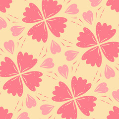 Stylized Pink Floral Seamless Pattern with Heart-Shaped Petals and Yellow Accents – Elegant Decorative Design for Packaging and Surface Design