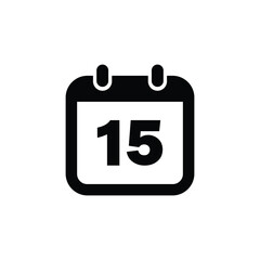 Simple black and white icon of a calendar page displaying the number fifteen