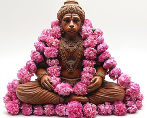 Wooden statue of a seated monkey god adorned with pink flowers