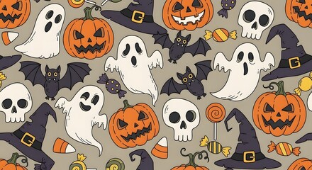 Spooky Halloween pattern featuring ghosts, pumpkins, bats, and candy for festive decoration and design