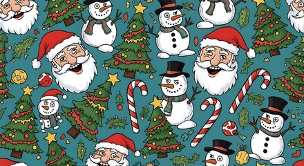 Whimsical Christmas Pattern Featuring Santa Claus, Snowmen, Candy Canes, and Festive Trees