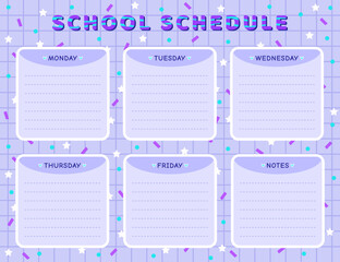 Vector school schedule template in blue colors. Timetable for schoolchildren and pupils, doodle cartoon design, back to school weekly lesson planner with checkered background and confetti