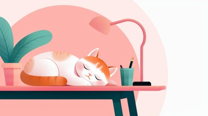 Adorable cat soundly sleeping on a desk surrounded by workspace essentials and soft home ambiance