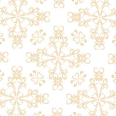 Elegant Golden Floral Swirl Seamless Pattern with Heart-Shaped Petals and Ornamental Leaves – Vintage Decorative Background for Textile, Wallpaper, and Surface Design