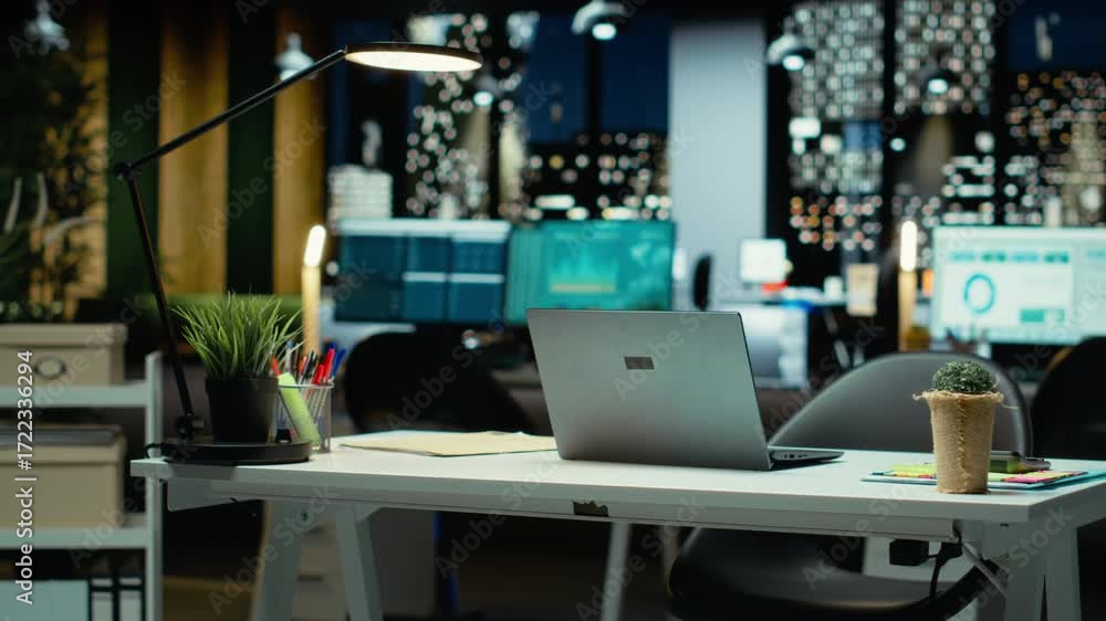 Poster modern empty office glows with the light of performance metrics and forecasting graphs. corporate sp