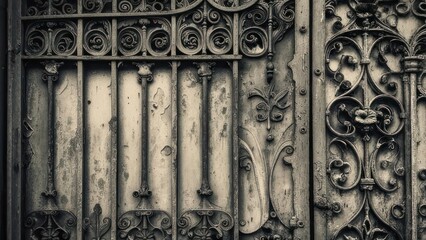 Capture the charm of a weathered metal gate with intricate scrollwork, ideal for adding vintage flair to architectural designs and historical projects