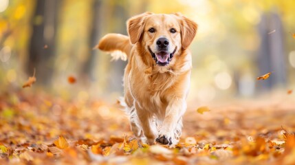 Playful golden retriever joyfully running through a colorful forest in autumn with falling leaves
