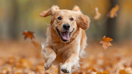 Lively golden retriever delightfully running through a pile of colorful autumn leaves in the forest