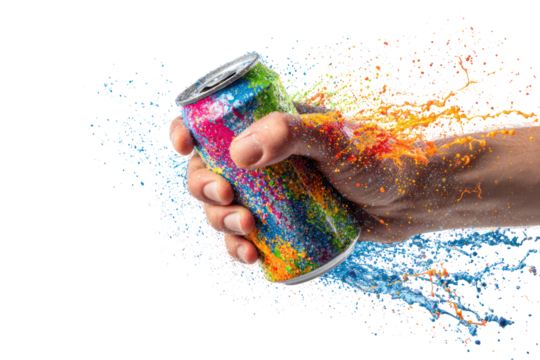 Hand crushing colorful can with splash of paint isolated on transparent background