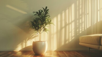 Hyper-realistic minimalist living room featuring soft natural light and a stylish indoor plant