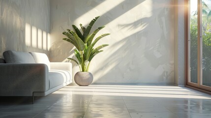 Hyper-realistic minimalist living room featuring soft natural light and a stylish indoor plant